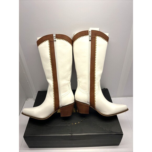Arider Girl Knee High Boots White Brown Stripe Fringe Faux Turquoise Trim SZ 8 - Picture 3 of 12